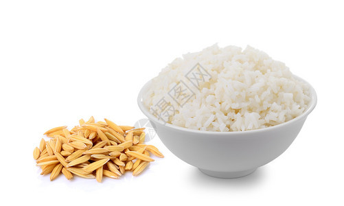 白色背景中的茉莉花米饭和盛满米饭的碗图片