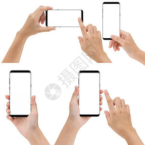 在白色背景上隔离的手握和触摸手机图片