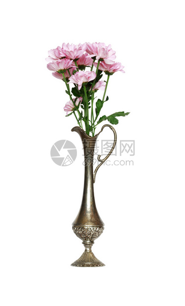 古代金属花瓶中的粉红色花朵团白色与图片