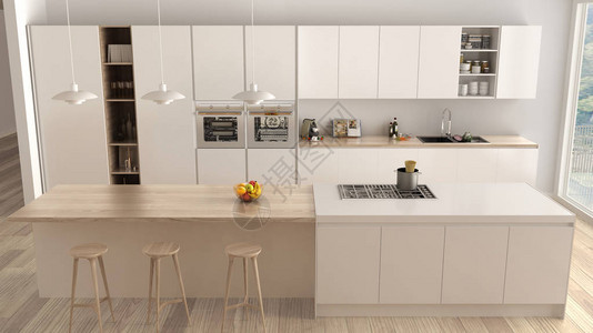 现代最起码的白色和木制小厨房图片