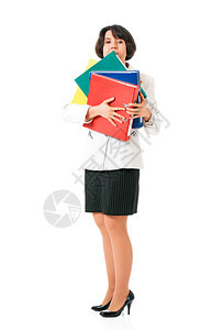 疲劳的商业妇女或教师随同文件夹孤立的白色图片