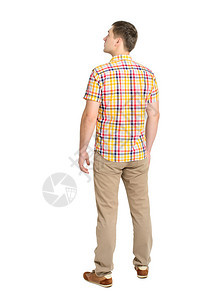 穿着格子衬衫和牛仔裤的年轻人的背影站立的年轻人后视图人集合人的背面视图孤图片