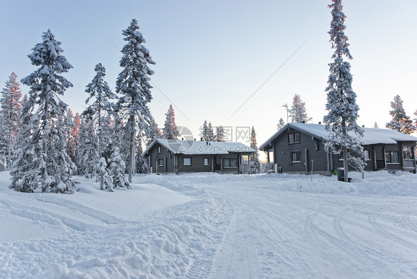 芬兰Ruka村冬季北极圈日落时图片