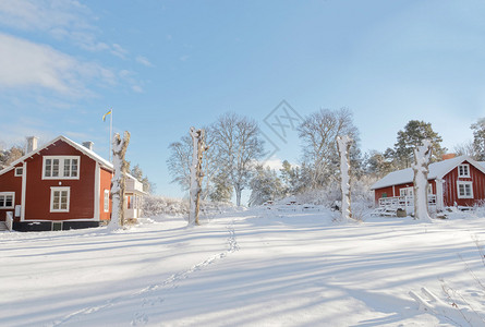 雪地庭院红色乡村房屋图片