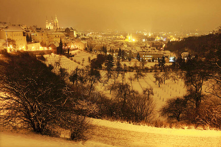 夜雪布拉格市带有哥特城堡背景图片