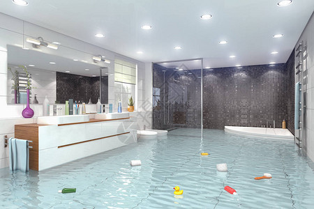 洪水泛滥的现代浴室的3d渲染图片