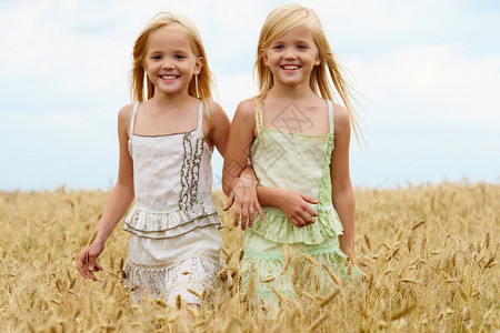 可爱双胞胎的肖像从小麦田图片
