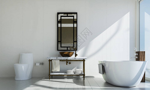 豪华厕所和按摩浴室内设计构想概念和白色木板壁图片