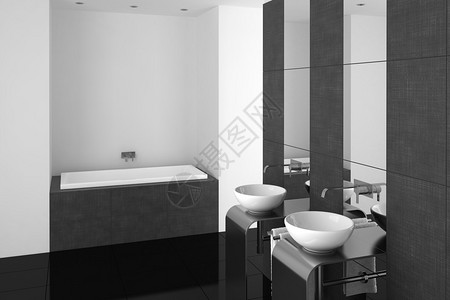带双盆和黑色地板的现代浴室图片