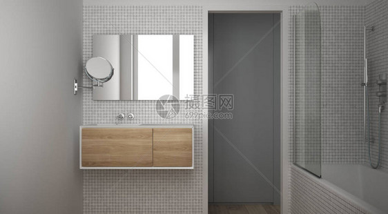 现代简约浴室配有镶木橡地板和白色马赛克瓷砖木水槽镜子和浴缸图片