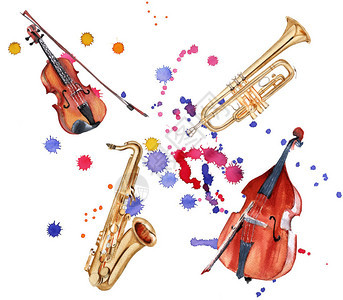 乐器萨克斯管低音提琴小提琴和小号在白色背景上隔图片