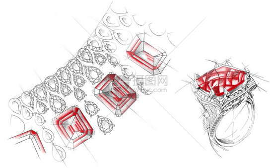 珠宝戒指项链耳环宝石的手绘草图孤立的首饰配件珠宝线图片