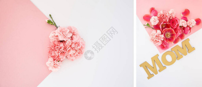 粉红色和白色背景上的花朵和妈字母拼贴图片