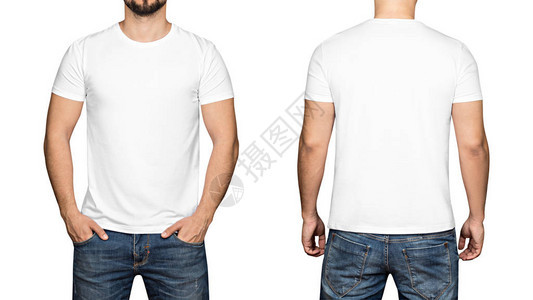 一个年轻人身上的白色T恤衫隔绝白人背图片