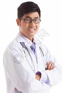 一位微笑着的医务人员在白色背景下被孤图片