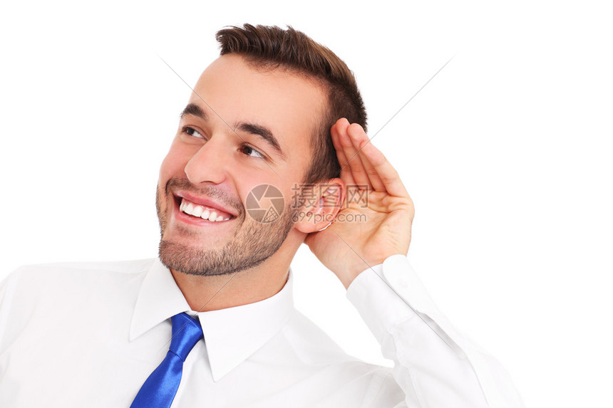 一张快乐的商人在白色背景下聆听高清图片下载-正版图片502987952-摄图网