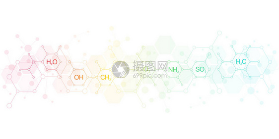 具有化学公式和分子结构的干净白色背景上的抽象化学图案具有科学和创新技术概念和理图片