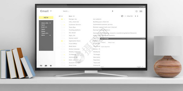 以白色背景隔离的智能电视屏幕上的电子邮件列表图片