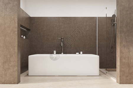 棕色浴室内有白色地板角浴缸淋浴和自护理产品在墙壁图片
