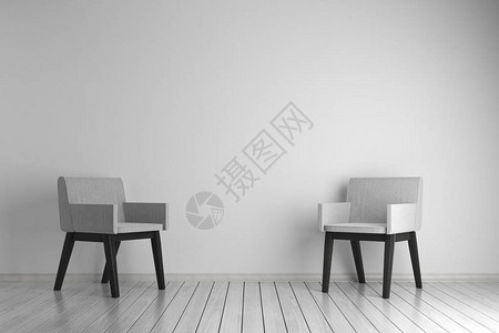 室内白色客厅内装有椅子和混凝土墙上复制空间的白色起居室Mockup图片