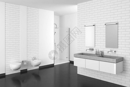 现代洗手间有白色砖墙和图片