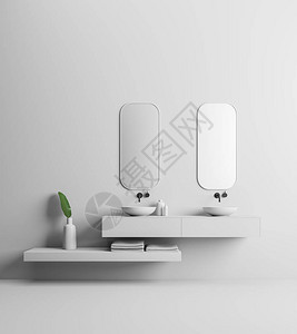 两个优雅的浴室水槽站在白色的架子上两个垂直的镜子挂在他们上方白墙浴室内部图片