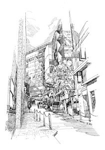 城市老巷子手绘图背景图片