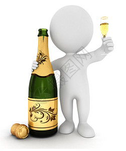 3D白色香槟和水晶笛子孤立的白色背图片