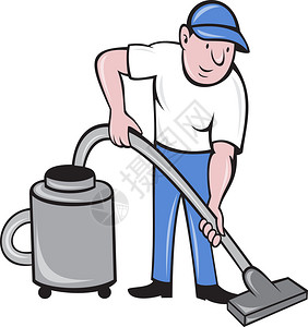 说明用卡通风格在白色背景上隔离真空清洗的男清洁吸尘器图片