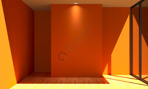 空房间的颜色橙墙壁和装饰过的木地板阳图片