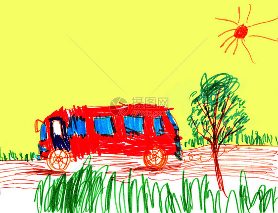 校车儿童画在纸上图片