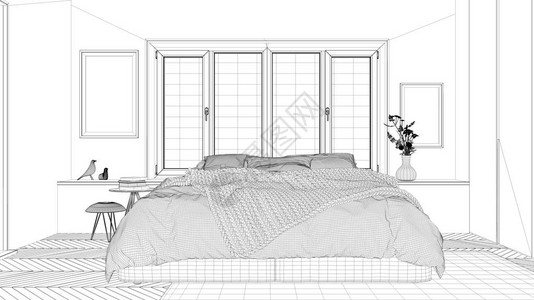 室内设计项目黑白墨水素描显示带双人床地毯和窗户的当代卧背景图片