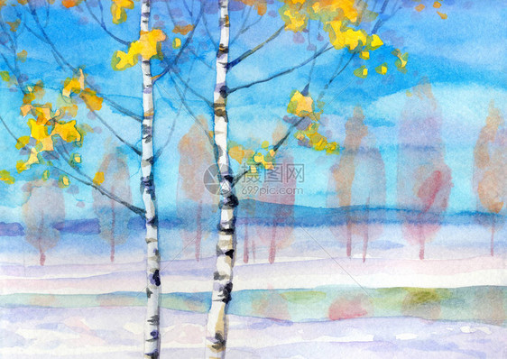 充满活力的手绘水彩颜料素描艺术品在轻纸卡背景空间上的安静的蓝色漂移冬日艺术家场景在平静的冰冷的溪湾年轻白杨图片