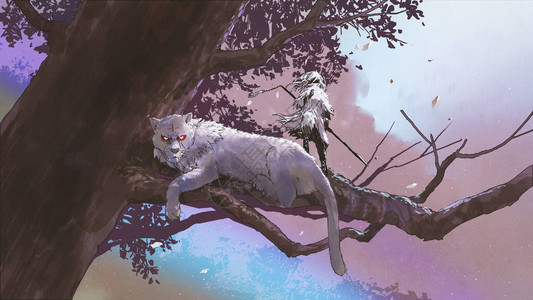 小女孩拿着魔法长矛在大树上站在老虎旁边数字艺术风格图片