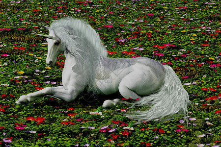 一个美丽的白色独角兽躺在一片草地上图片素材