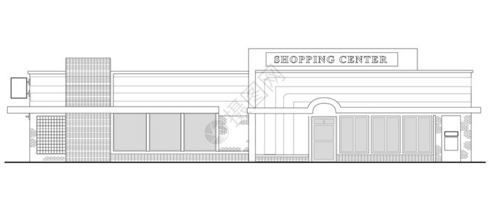 从白色背景的前高地看的商场或购物中心建筑的线条图示图片