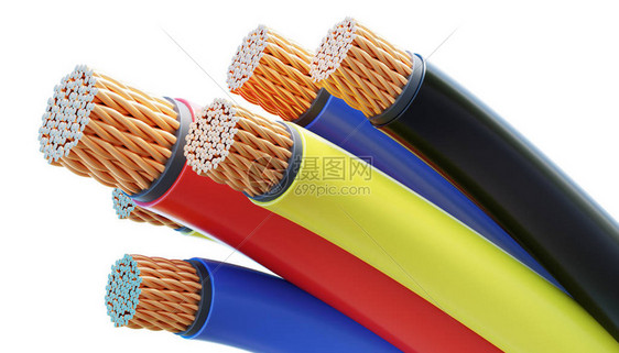 白色上隔绝的多彩铜电缆和电线3D图片