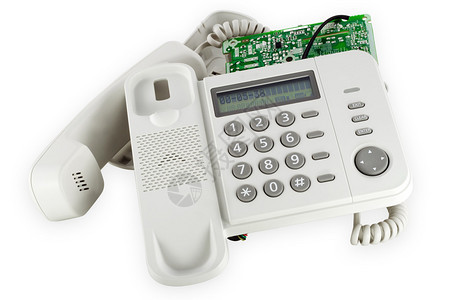 破裂的拆卸破碎的白色现代电话与显示器在白色上隔离带有剪裁补图片