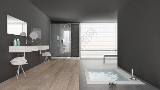 带浴盆和全景窗的最小式白色和灰色浴室图片