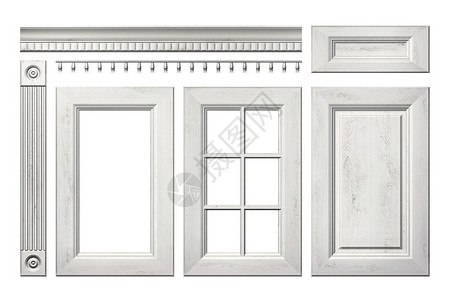 白色隔绝的厨房橱柜前层收集的旧木制门抽屉图片