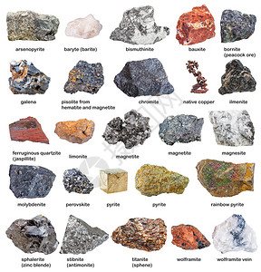 从原始矿物和矿石中收集的在白色背景上与图片