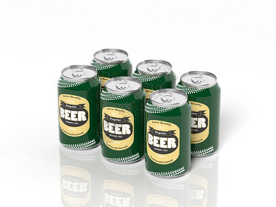 3D六包收集啤酒罐上白色孤立背景图片