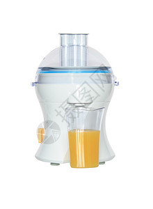 现代电动果汁机和橙汁杯以白色背景与图片