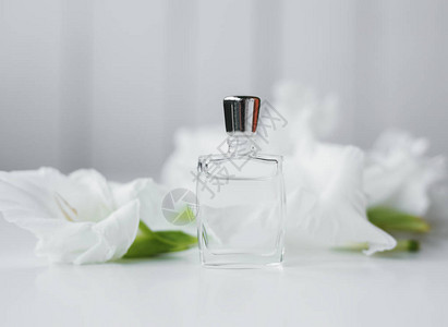 小瓶香水与白色的花朵图片