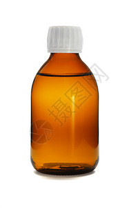 白色背景玻璃瓶中的液体药物图片