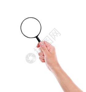 手中的放大镜在白色背景下被隔离图片