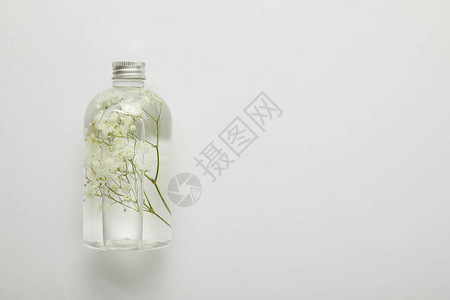 具有天然液体美容产品和灰底干白野花的透明瓶子顶部视图图片