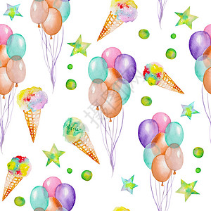 与水彩手画的派对和马戏团元素空气球冰淇淋和星相配合的无缝图案在白图片