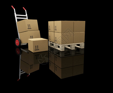 手推车和成堆的箱子的3D渲染图片