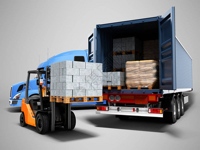 从带有建筑材料的卡车和带有托盘的叉车的蓝色拖拉机上装卸货物的现代概念图片